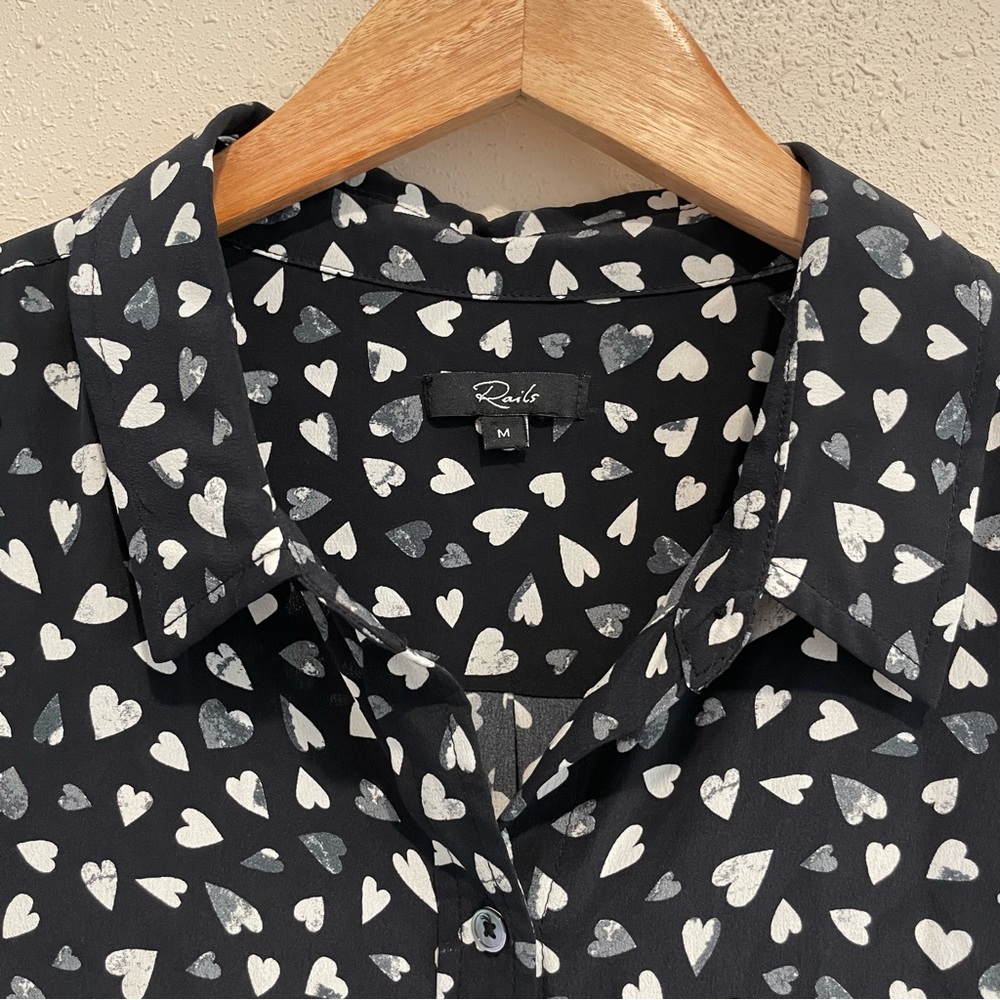 Rails Kate Black Corazon Hearts Silk Button Down … - image 6